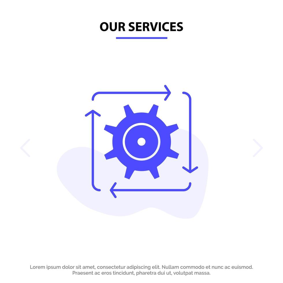nossos serviços, fluxo de trabalho, automação, desenvolvimento, operação, fluxo, modelo de cartão da web, ícone glifo sólido vetor