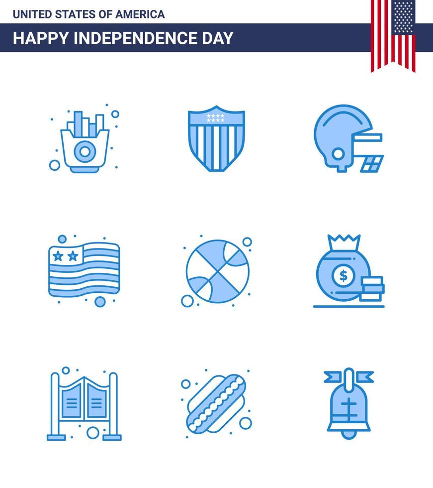 feliz dia da independência 4 de julho conjunto de 9 pictograma americano de blues de bola de dia bandeira de basquete americana editável dia dos eua vetor elementos de design