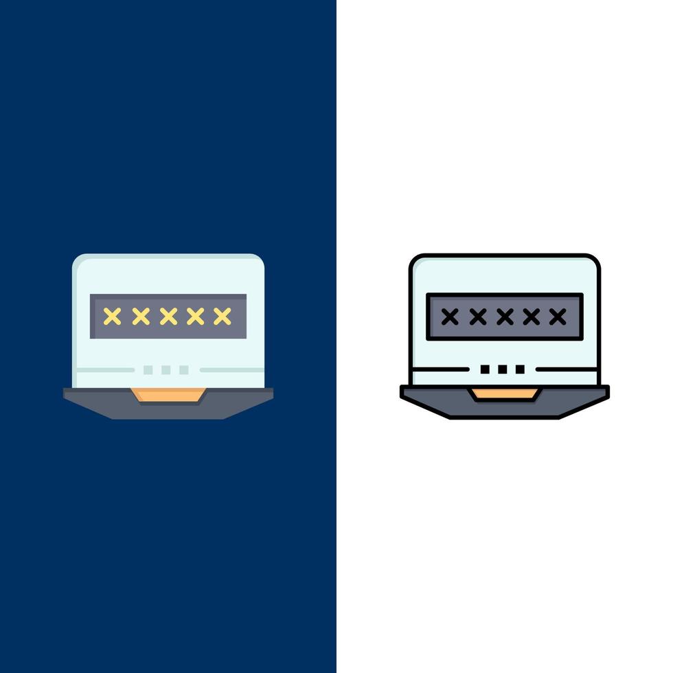ícones de segurança de bloqueio de computador portátil plano e conjunto de ícones cheios de linha vector fundo azul