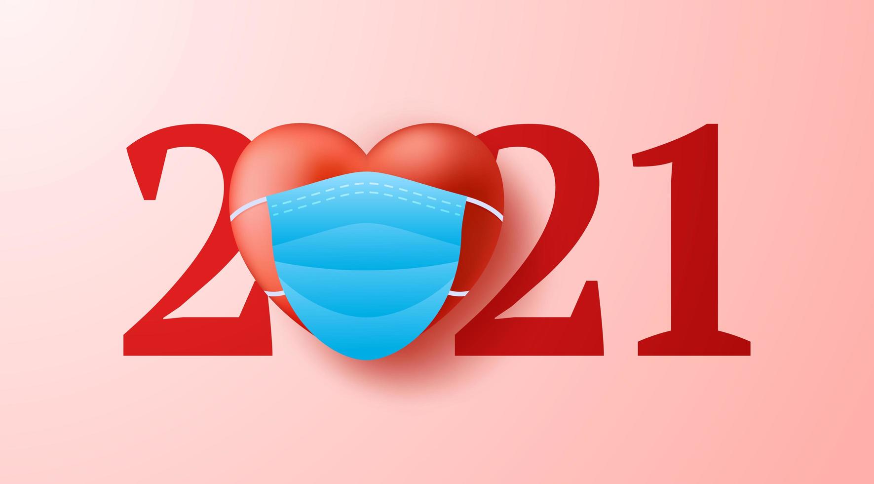 dia dos namorados 2021 coração 3d realista com fundo de conceito de máscara facial médica. ilustração vetorial. 2021 anos de conceito de amor. vetor