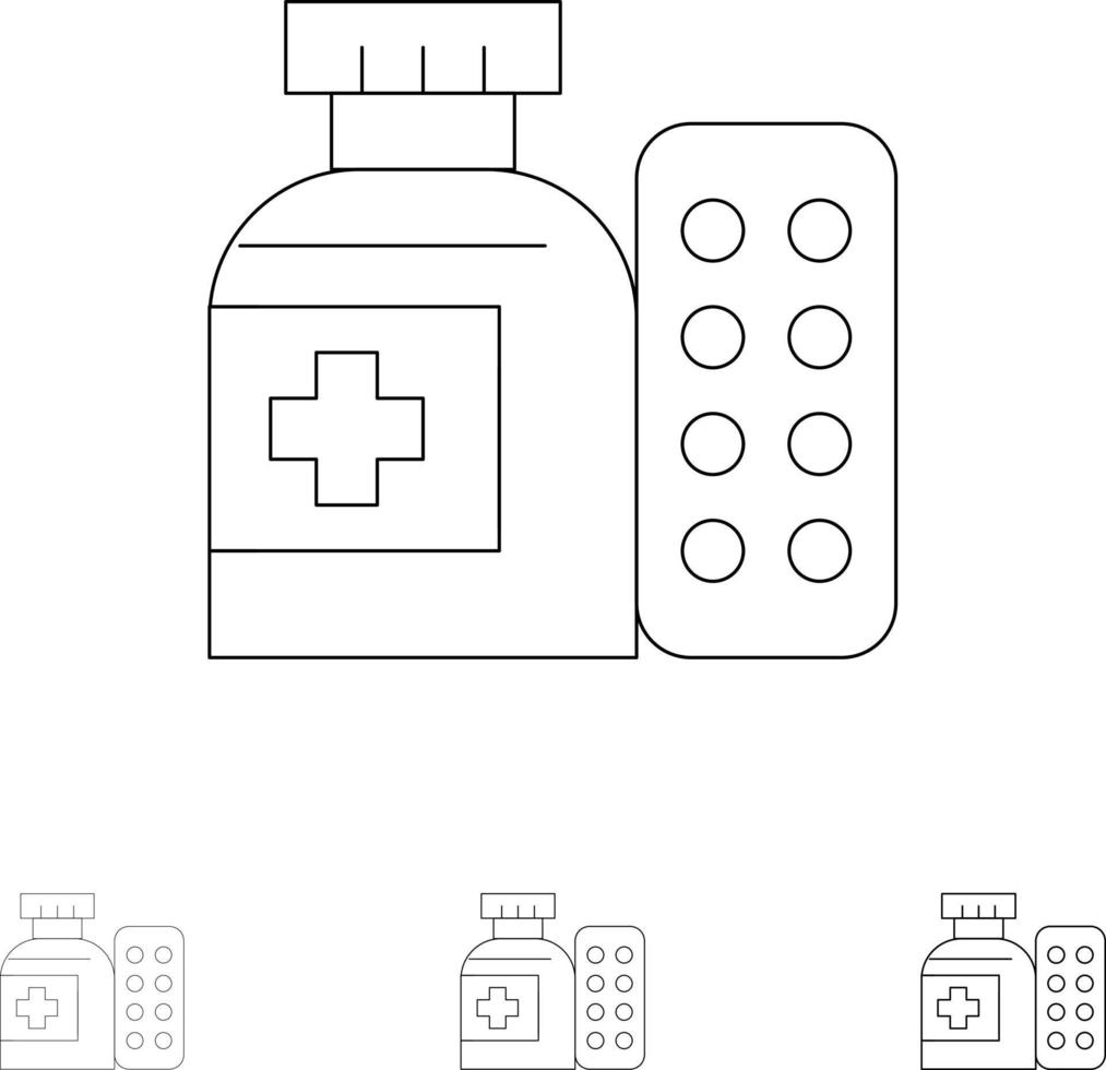 conjunto de ícones de linha preta em negrito e fino de hospital de pílulas de medicina médica vetor