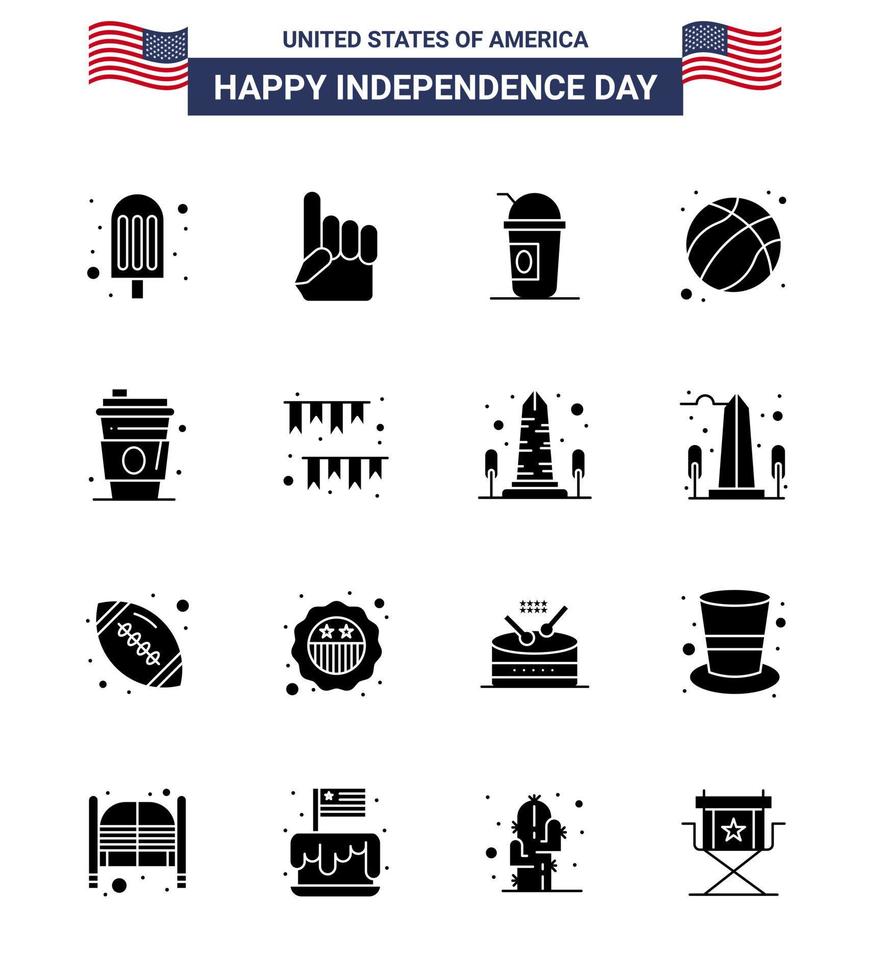 feliz dia da independência 4 de julho conjunto de 16 glifos sólidos pictograma americano de suco álcool bola americana dos eua editável dia dos eua vetor elementos de design