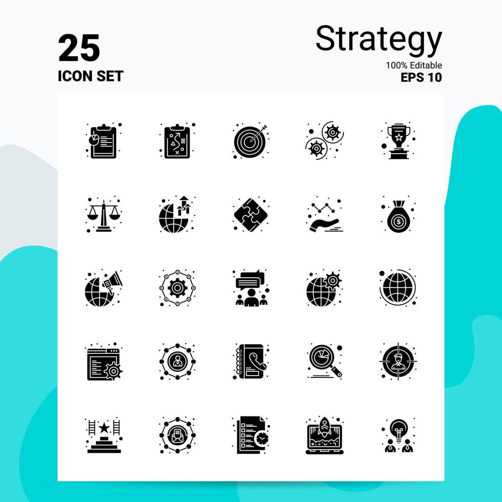 25 conjunto de ícones de estratégia 100 eps editáveis 10 arquivos idéias de conceito de logotipo de negócios design de ícone de glifo sólido vetor