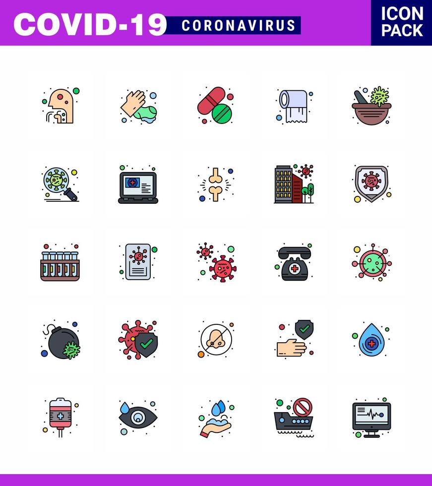 ícone de linha cheia de cores planas de coronavírus 25 definido sobre o tema da epidemia de corona contém ícones como cuidados com rolo de lavagem de tecido medicinal coronavírus viral 2019nov elementos de design de vetor de doença