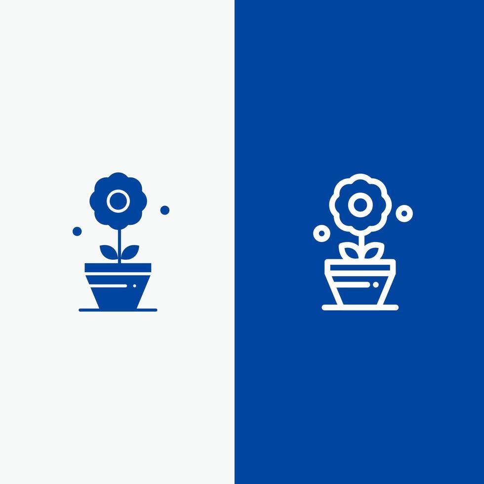 linha de flores de crescimento de plantas e ícone sólido de glifo bandeira azul vetor