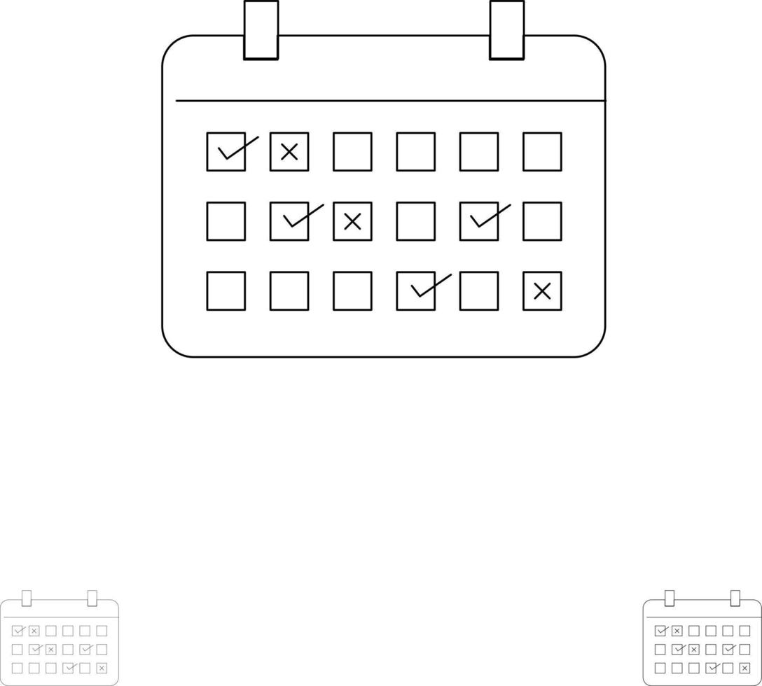 calendário data mês ano tempo negrito e fino conjunto de ícones de linha preta vetor