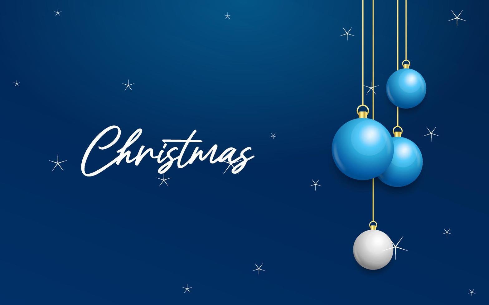 fundo azul de natal com bolas brancas e prateadas brilhantes penduradas. cartão de feliz natal vetor