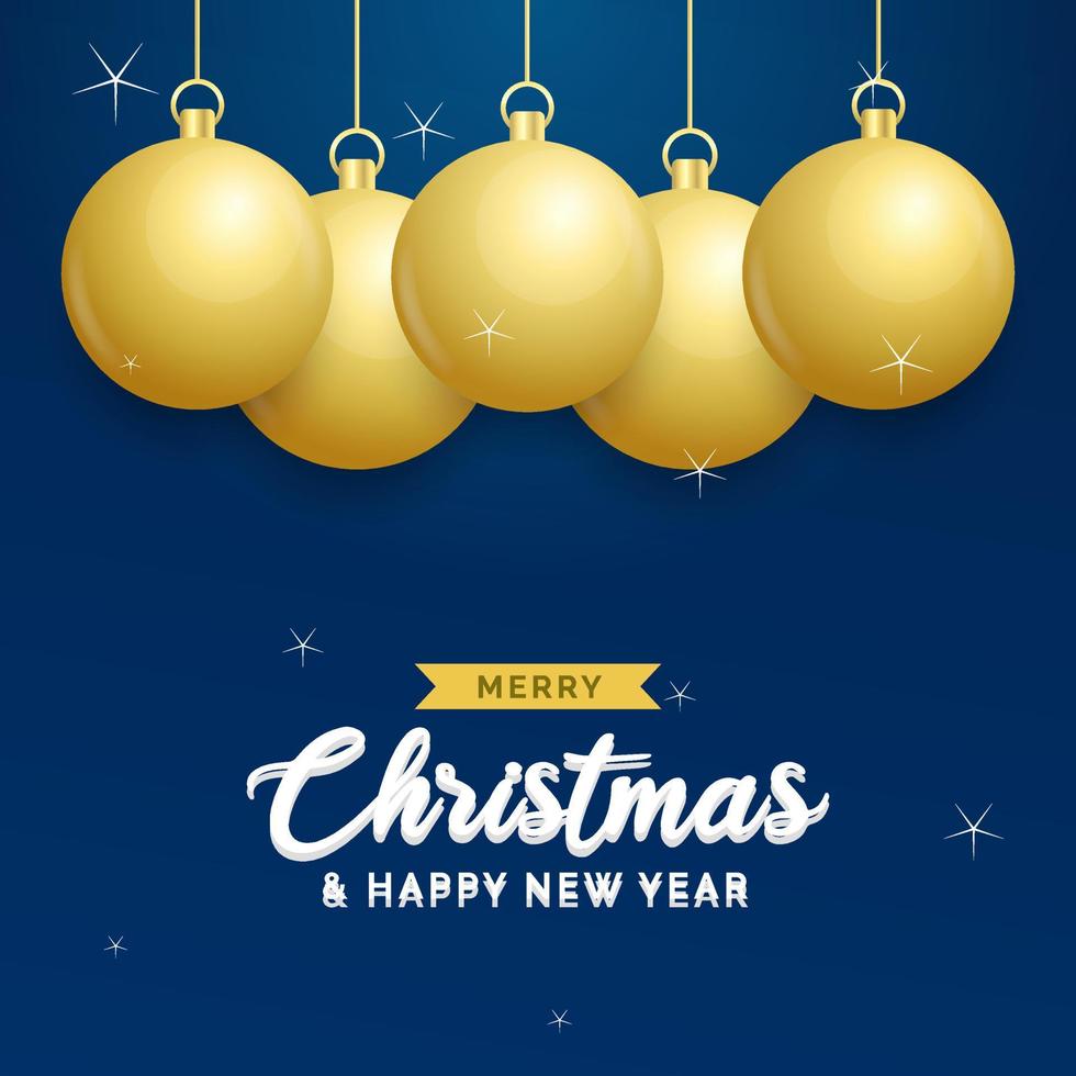 fundo azul de natal com bolas douradas brilhantes penduradas. cartão de feliz natal. feriado natal e cartaz de ano novo. banner da web vetor