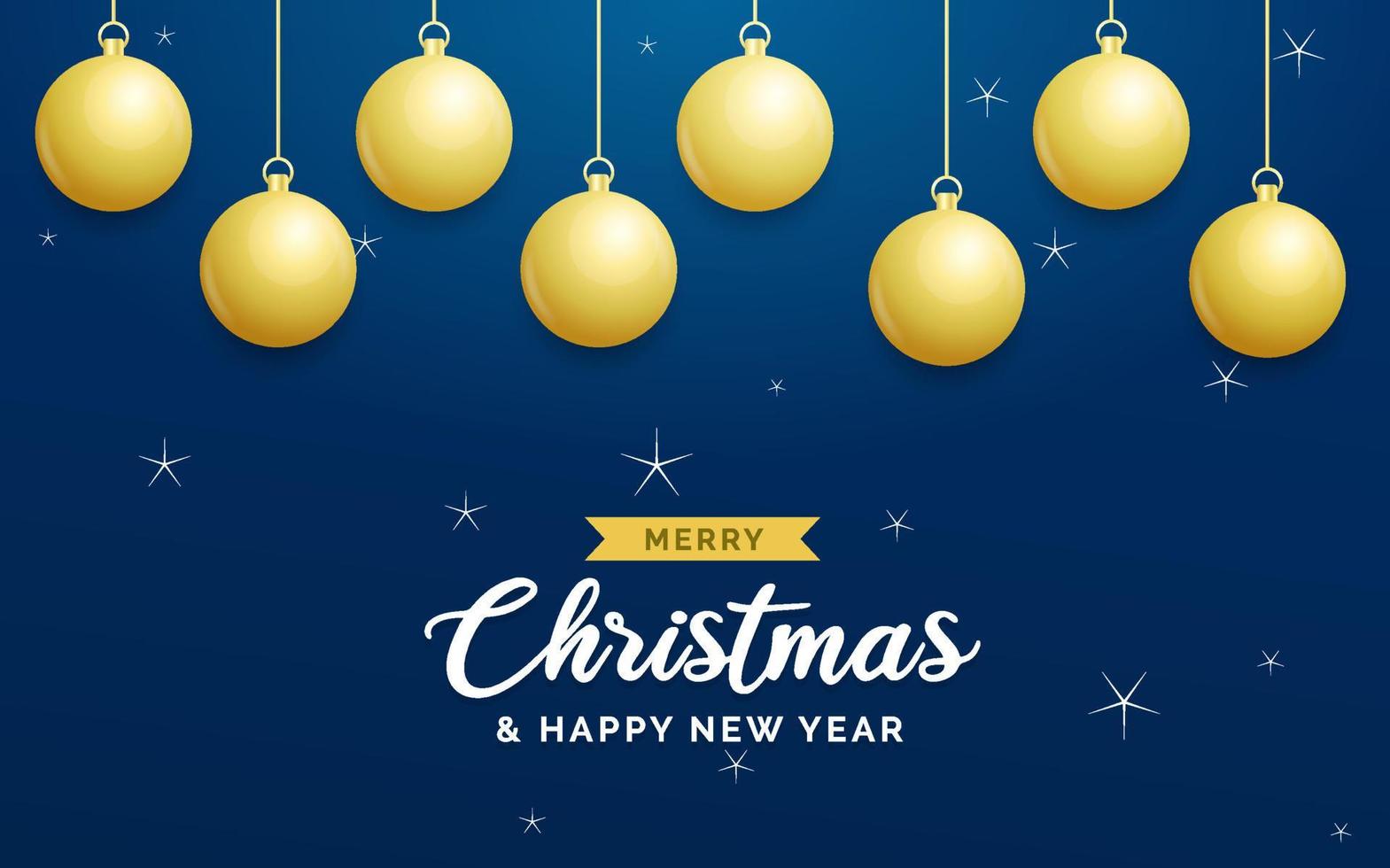 fundo azul de natal com bolas douradas brilhantes penduradas. cartão de feliz natal. feriado natal e cartaz de ano novo. banner da web vetor