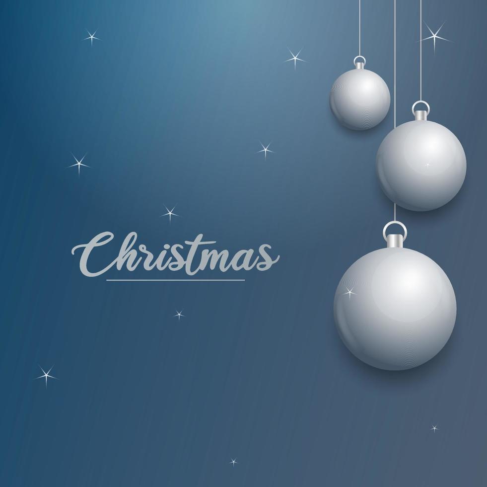 banner de natal de vetor com decorações. texto de feliz natal. enfeites de prata no fundo azul