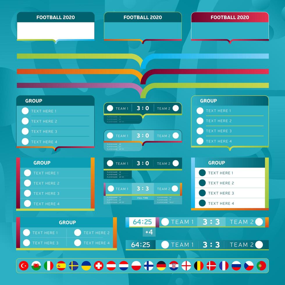 mega kit de coleção de modelos para o conjunto de ações do campeonato europeu 2020. design de tabelas de grupo, placares, bandeiras de equipe, planos de fundo e elementos de marca. vetor