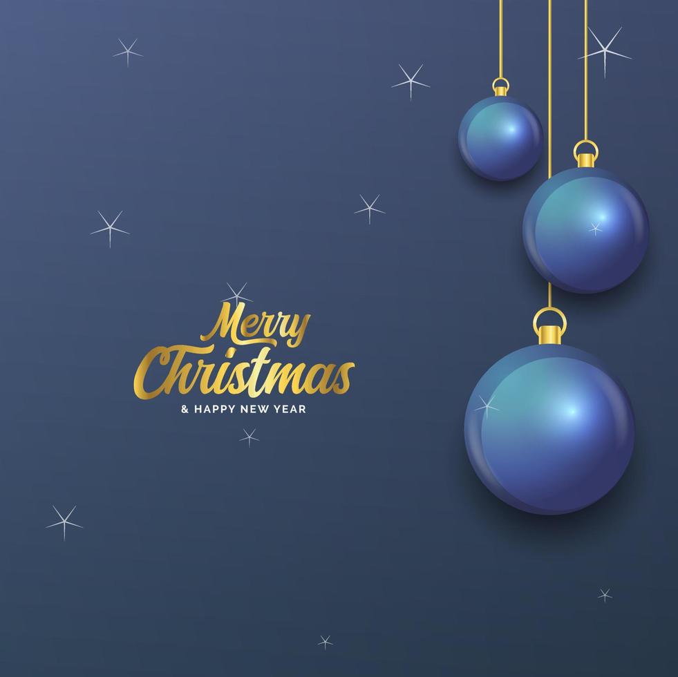 feliz natal banner azul escuro com bolas. cartão de Natal vetor