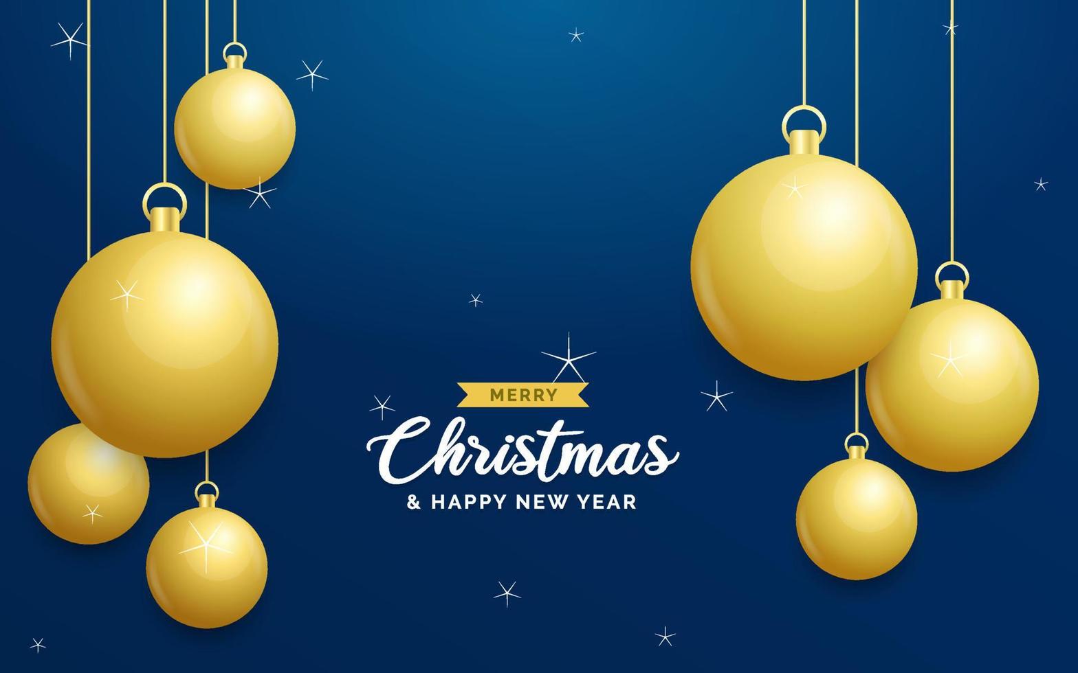 fundo azul de natal com bolas douradas brilhantes penduradas. cartão de feliz natal. feriado natal e cartaz de ano novo. banner da web vetor