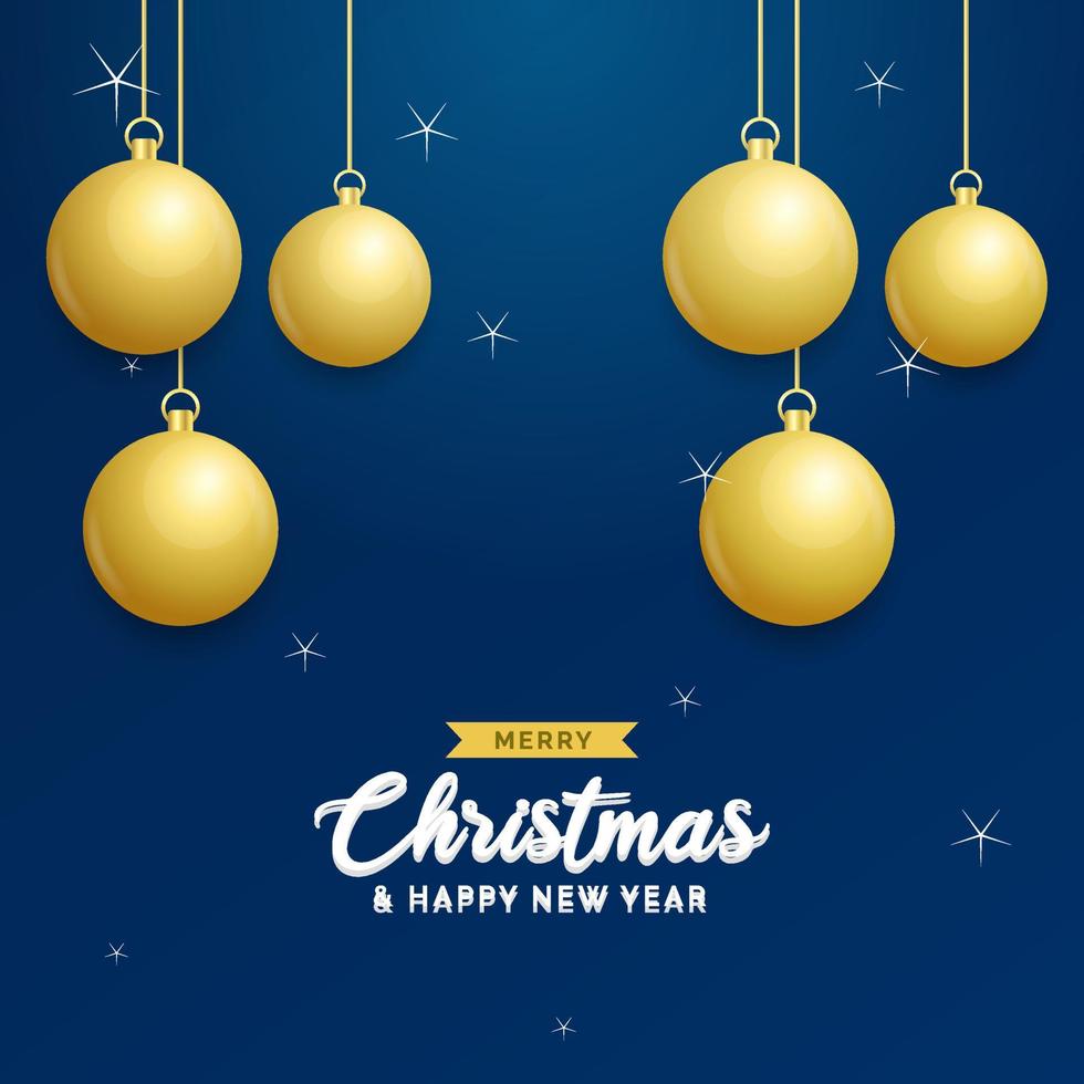 fundo azul de natal com bolas douradas brilhantes penduradas. cartão de feliz natal. feriado natal e cartaz de ano novo. banner da web vetor