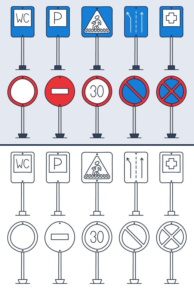 conjunto de vetores de doodle sinais de trânsito em colorido e estilo de contorno de doodle. ícones de sinal de tráfego desenhados à mão isolados no fundo branco.