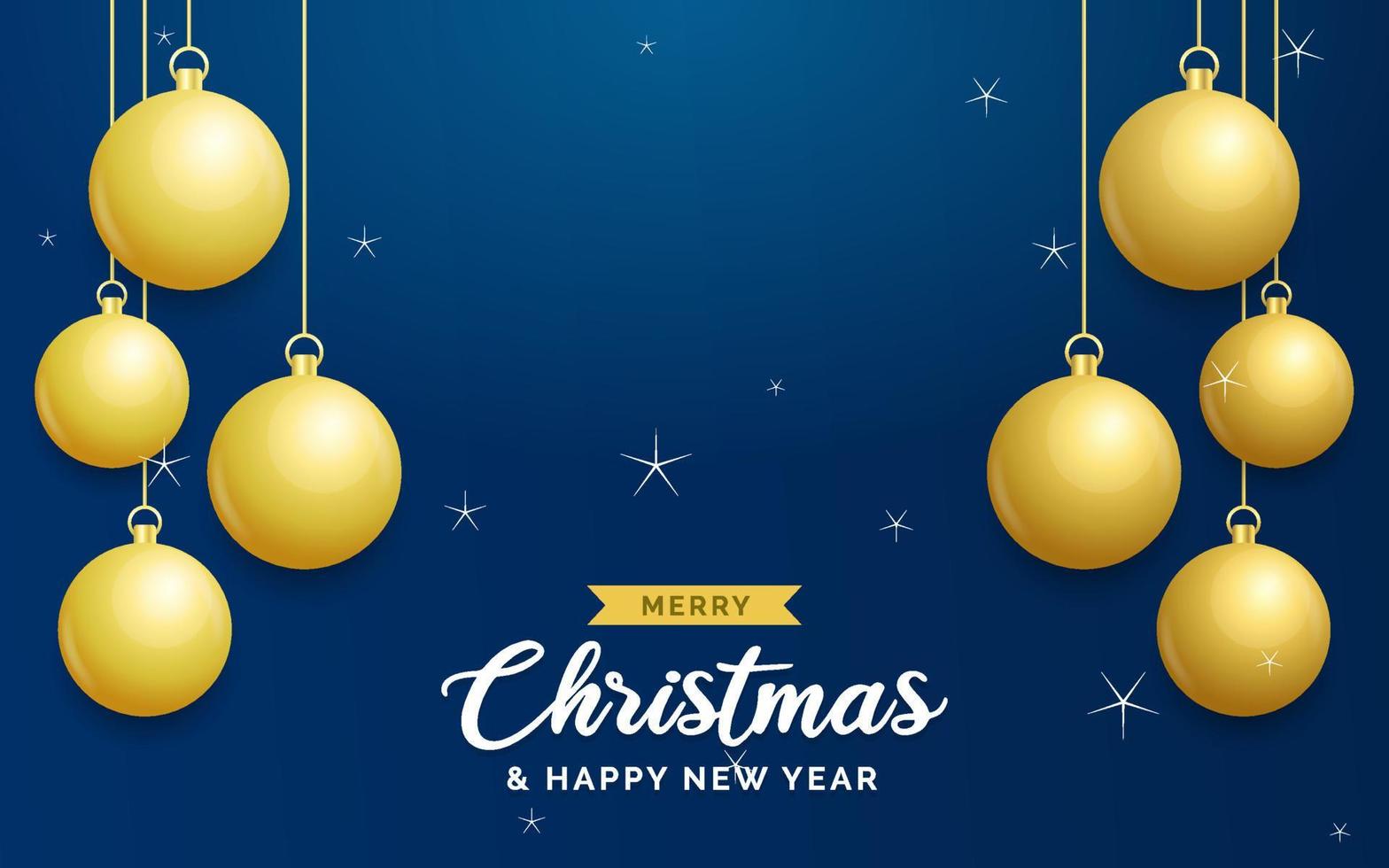 fundo azul de natal com bolas douradas brilhantes penduradas. cartão de feliz natal. feriado natal e cartaz de ano novo. banner da web vetor