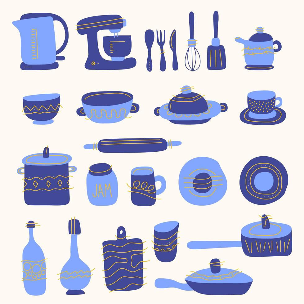 coleção de vidros, utensílios de cozinha e utensílios de cozinha. conjunto de utensílios de cozinha para cozinhar em casa e ferramentas para preparação de alimentos, isolado no fundo branco. ilustração vetorial colorida em estilo doodle. vetor