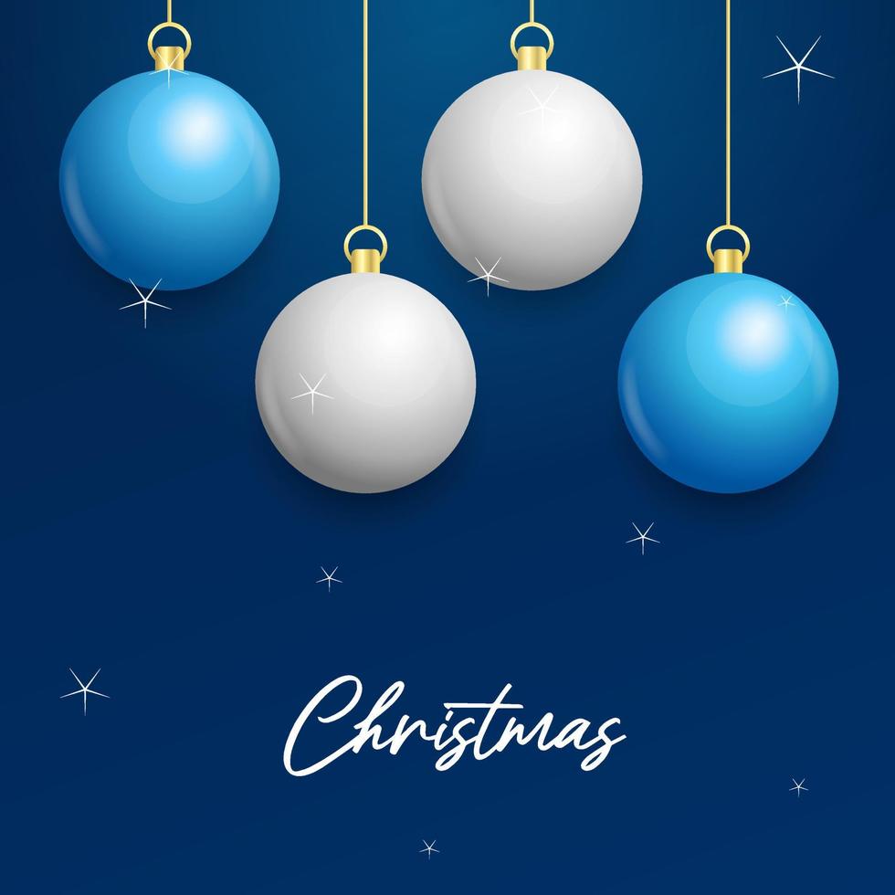 fundo azul de natal com bolas brancas e prateadas brilhantes penduradas. cartão de feliz natal vetor