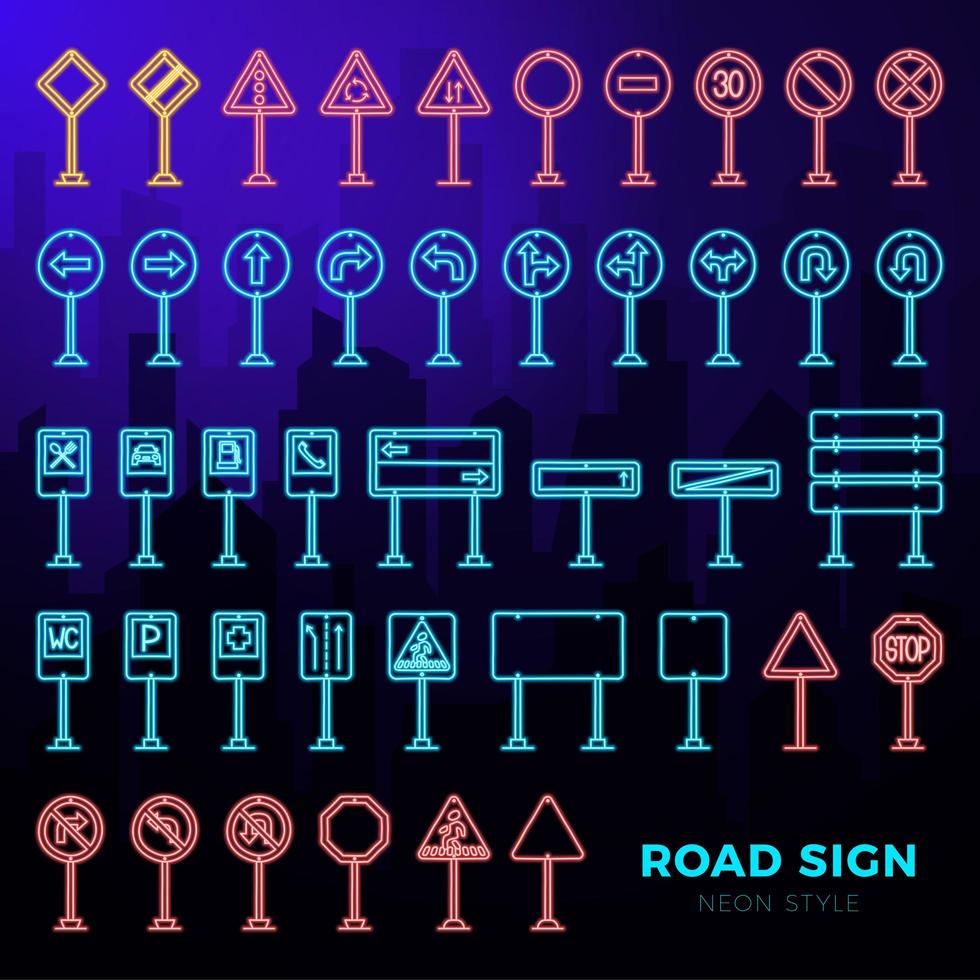 mega conjunto de vetor de sinais de trânsito de doodle em estilo neon. ícones de sinal de tráfego desenhados à mão isolados no fundo escuro da paisagem da cidade.