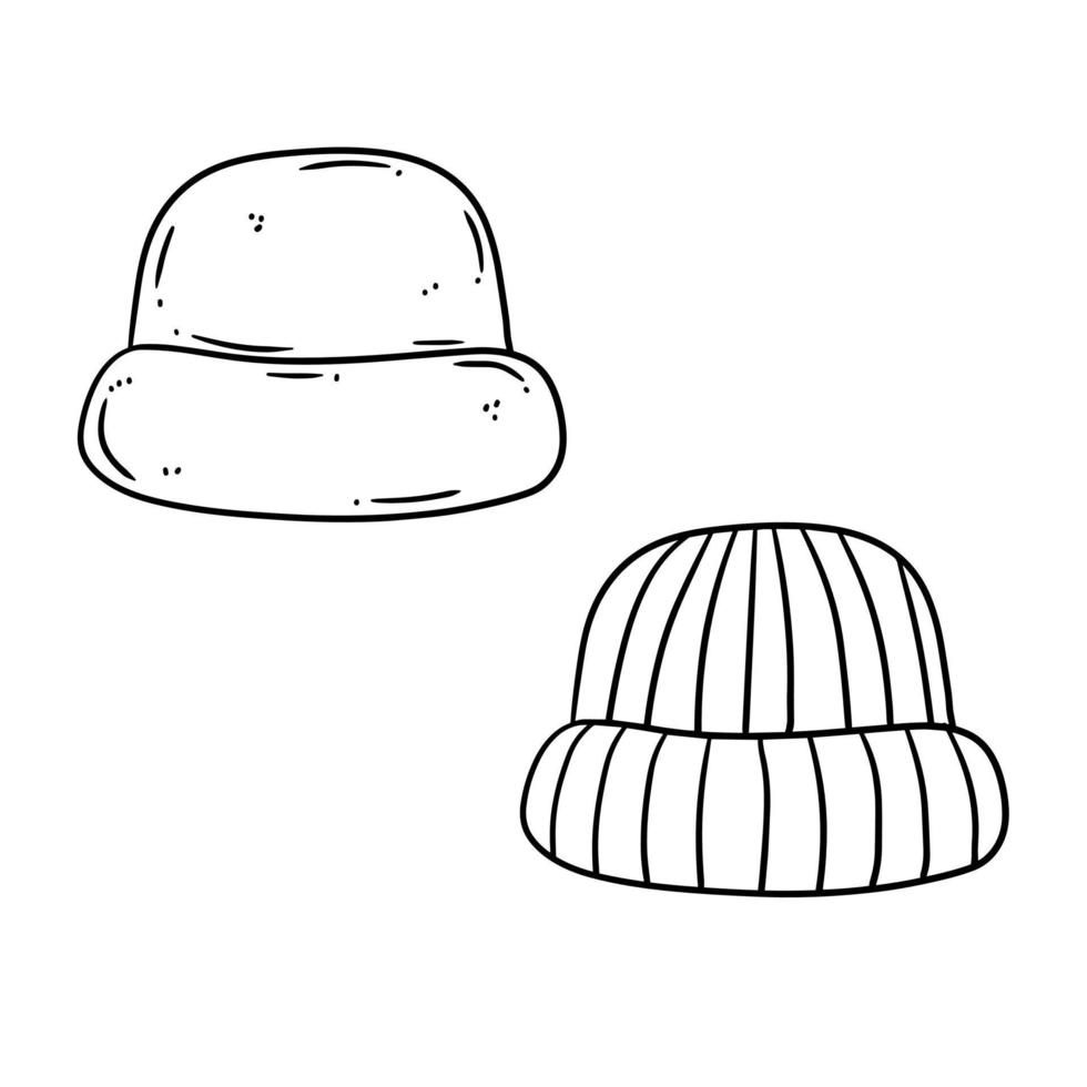 conjunto de chapéu de malha. roupas de inverno para a cabeça. ilustração de esboço desenhado à mão. vetor