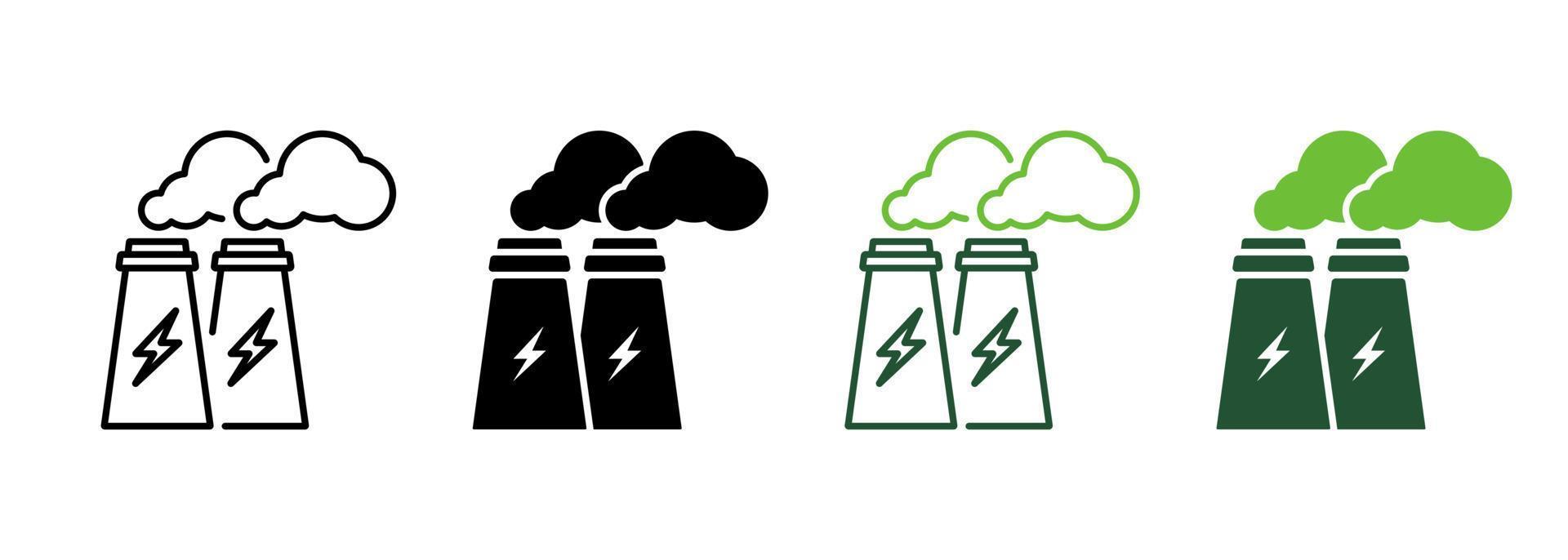 linha da estação de energia e conjunto de cores do ícone da silhueta. pictograma de energia elétrica. edifício da indústria de fábrica com coleção de símbolo de fumaça em fundo branco. usina elétrica. ilustração vetorial isolada. vetor