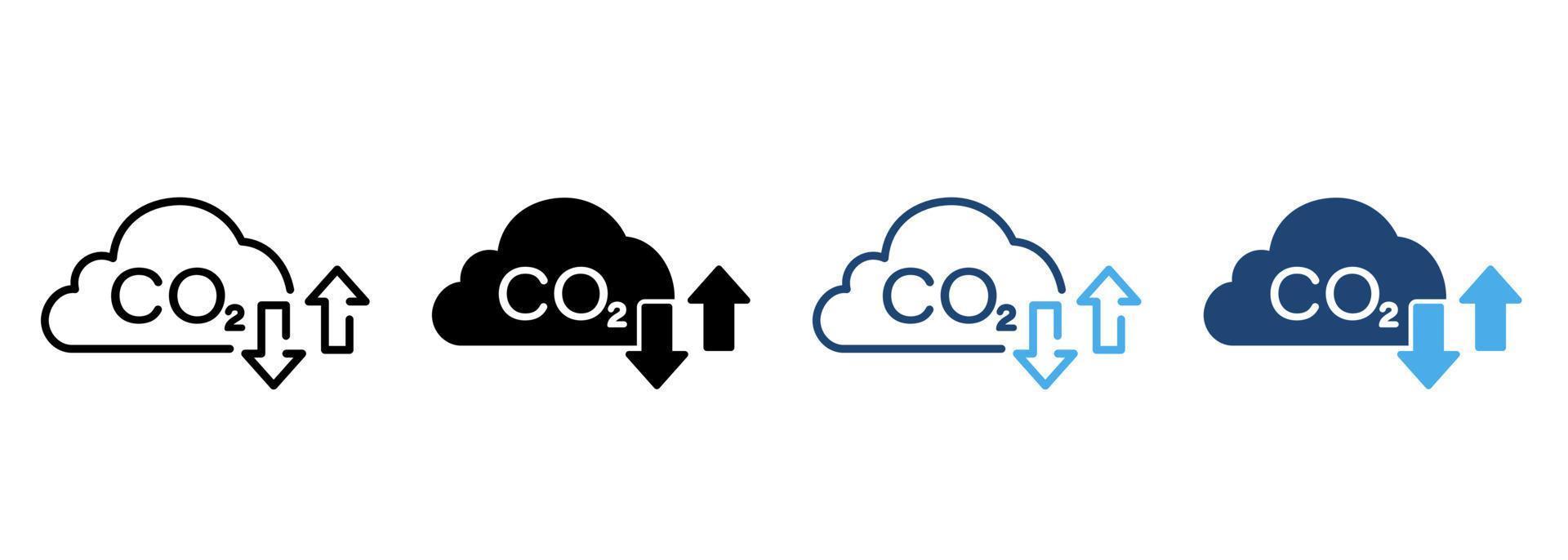 poluição de dióxido de carbono na linha de ar e conjunto de cores do ícone da silhueta. pictograma de efeito estufa de redução. co2 com coleção de símbolo de gás de emissão de nuvem em fundo branco. ilustração vetorial isolada. vetor