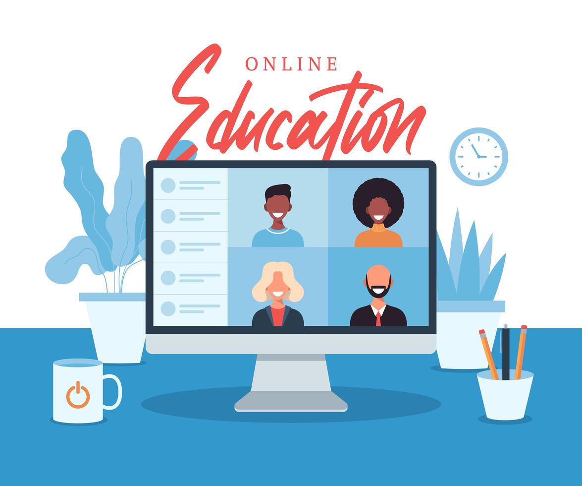 educação online, e-learning, conceito de curso online, ilustração vetorial de escola em casa. alunos na tela do laptop, ensino à distância, novo normal, ilustração plana em vetor desenho animado