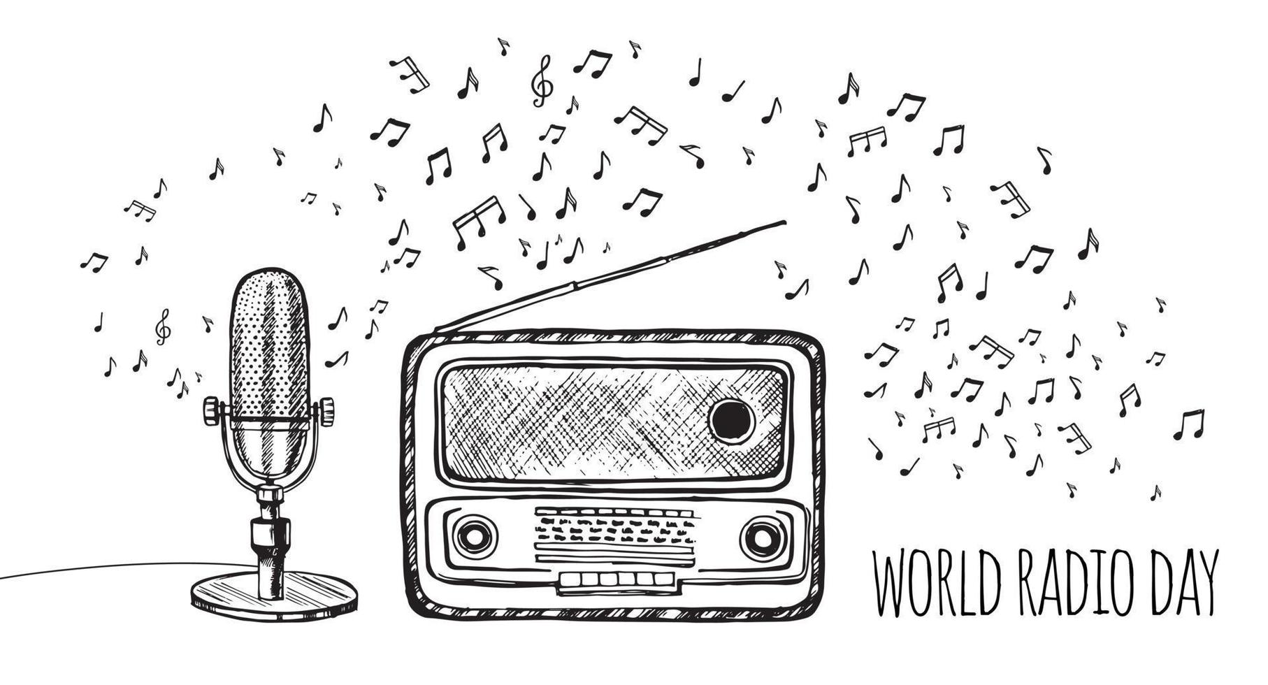 dia mundial do rádio. esboço de microfone retrô. ilustração desenhada à mão. vetor. vetor