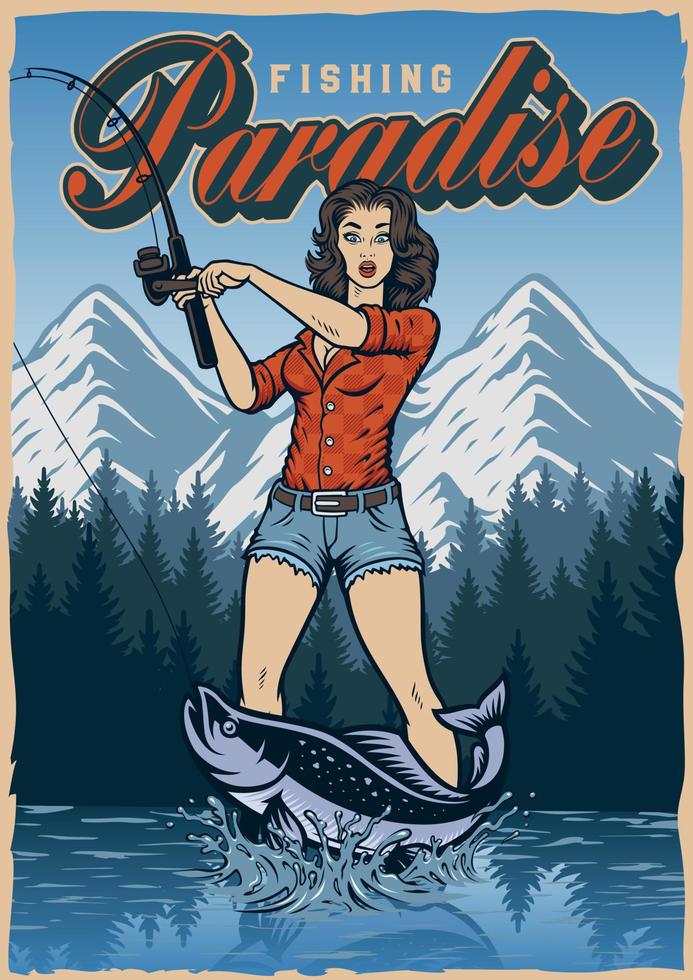 pôster vintage para o tema de pesca com uma garota legal pin up em uma viagem de pesca vetor