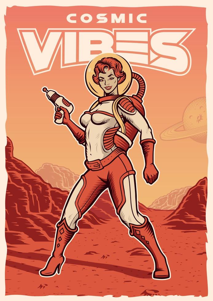 pin up girl astronauta em cartaz vintage de paisagem de marte vetor