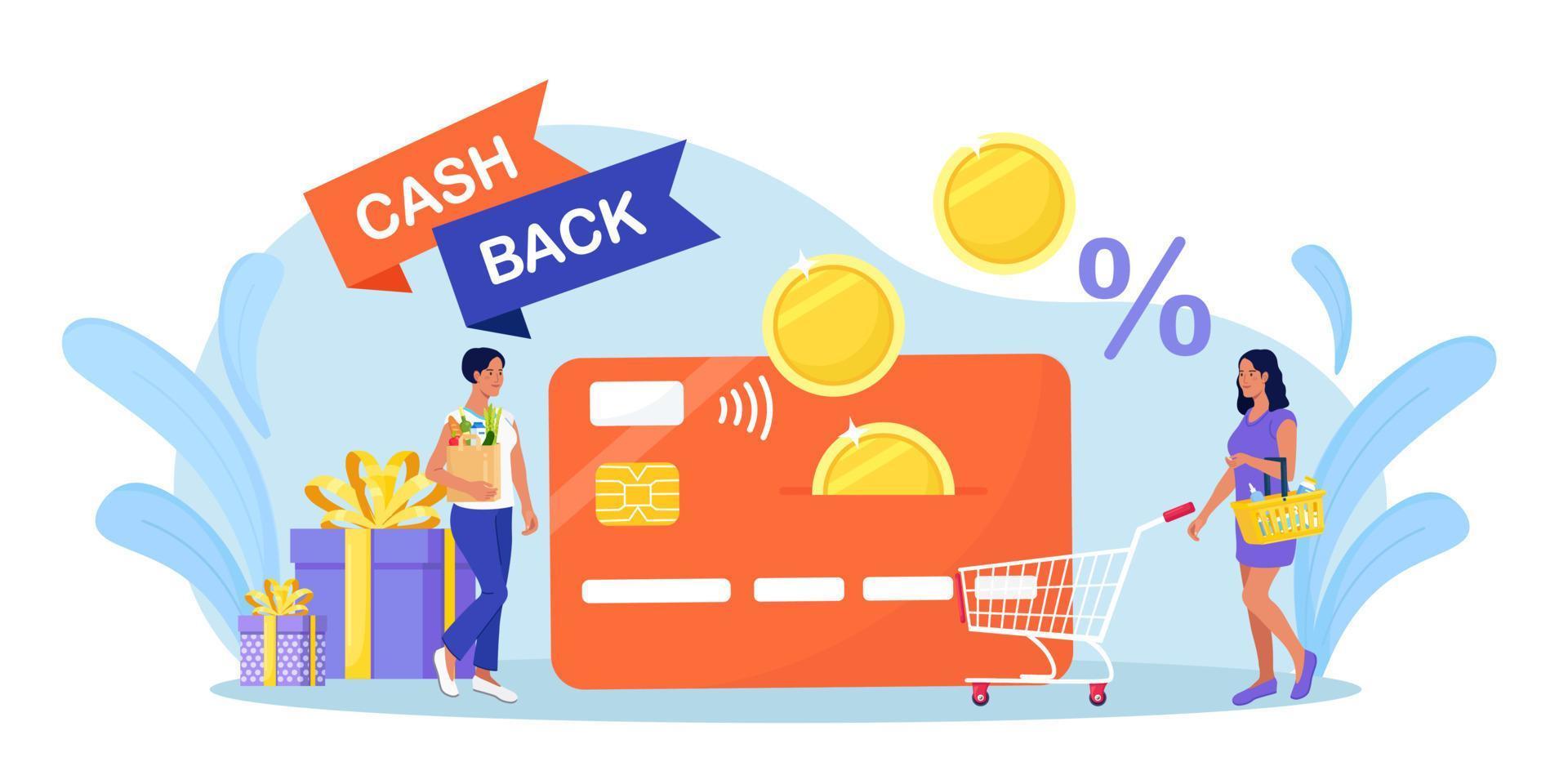 dinheiro online de volta ou conceito de reembolso de dinheiro. pessoas felizes com compras recebendo cashback para fazer compras. mulher obtém reembolso no cartão de crédito. economizar dinheiro, obter vouchers e descontos, programa de recompensa vetor