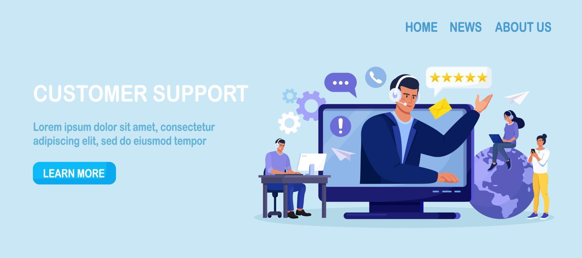 suporte ao cliente. Contate-Nos. homem com fones de ouvido e microfone conversando com clientes na tela do computador. serviço de assistente pessoal, operador de linha direta aconselha o cliente, suporte técnico global online vetor