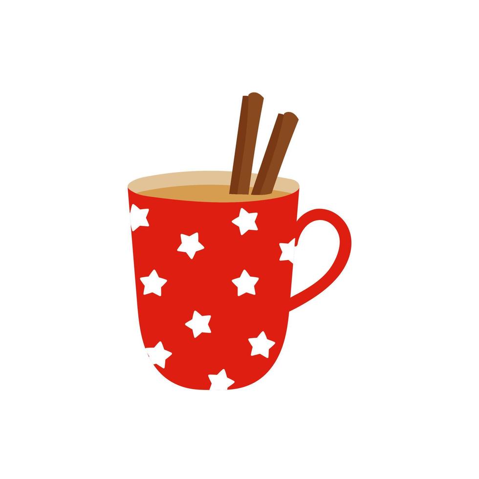 xícara de chá e paus de canela. caneca vermelha com estrelas brancas. modelo para design de inverno aconchegante. vetor