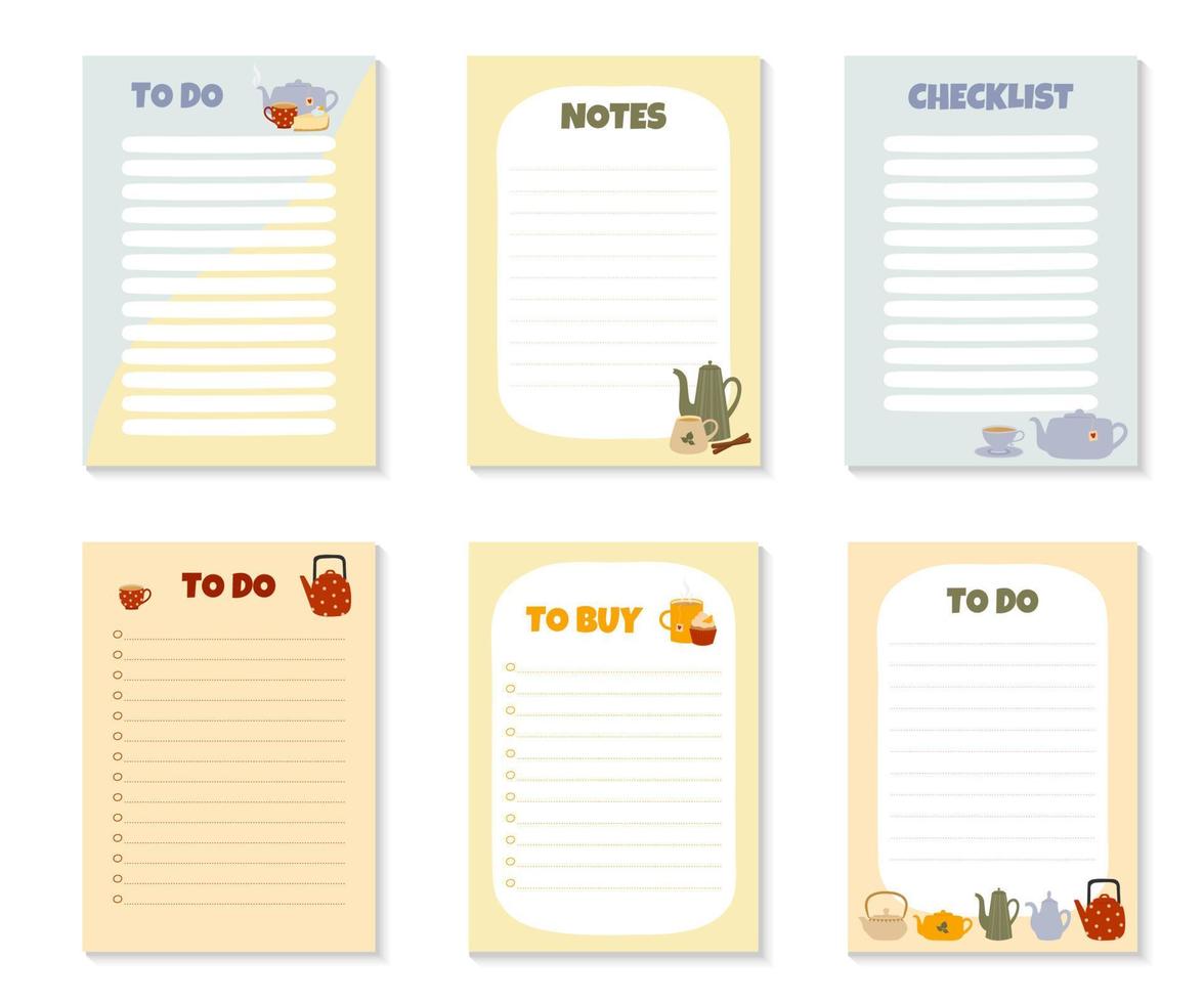 conjunto de modelos para lista de tarefas, lista de compras, notas e lista de verificação com bules e xícaras coloridas. vetor