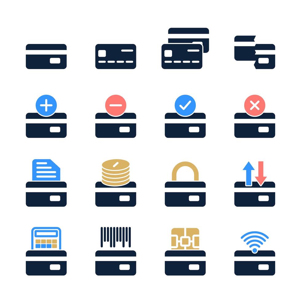 conjunto de cartão de crédito em estilo moderno. símbolos bancários coloridos de alta qualidade para design de sites e aplicativos móveis. pictogramas de cartão de crédito simples em um fundo branco vetor