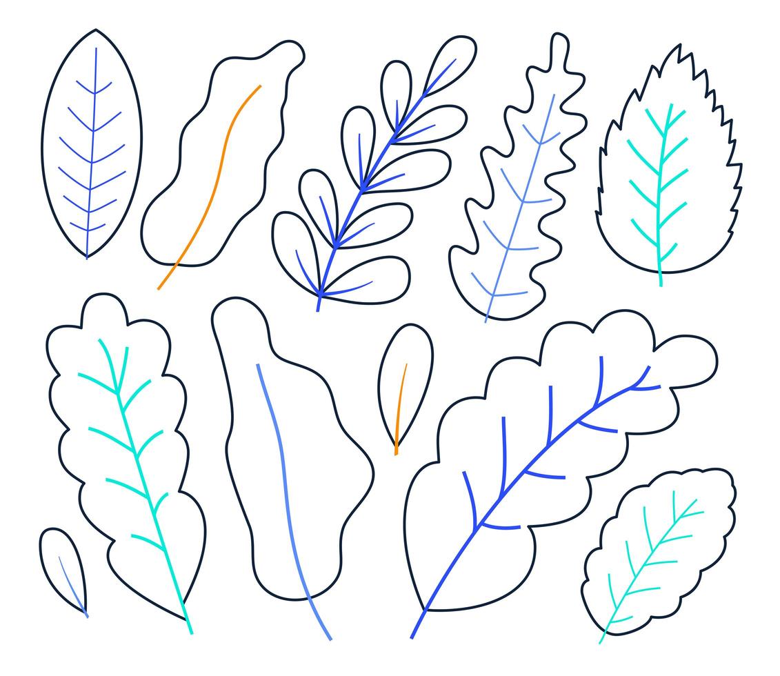 conjunto de folhas de plantas desenhadas à mão em ilustração de estoque vetorial de estilo de contorno isolado no fundo branco vetor