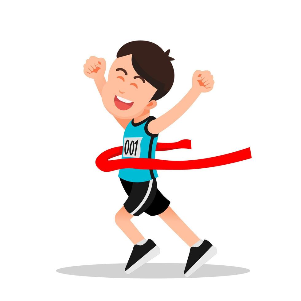 um menino feliz atinge a linha de chegada em uma competição de corrida de maratona vetor