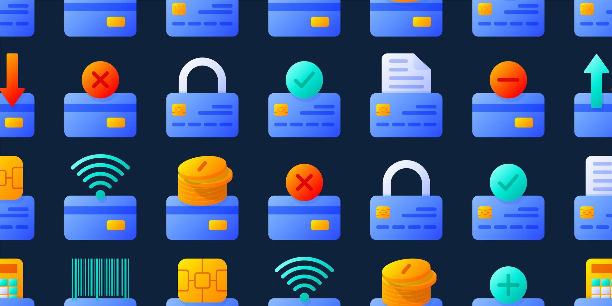 padrão sem emenda de cartões de crédito com ilustração vetorial de estoque de diferentes elementos. antecedentes para sistemas de pagamento bancário, online e offline. vetor