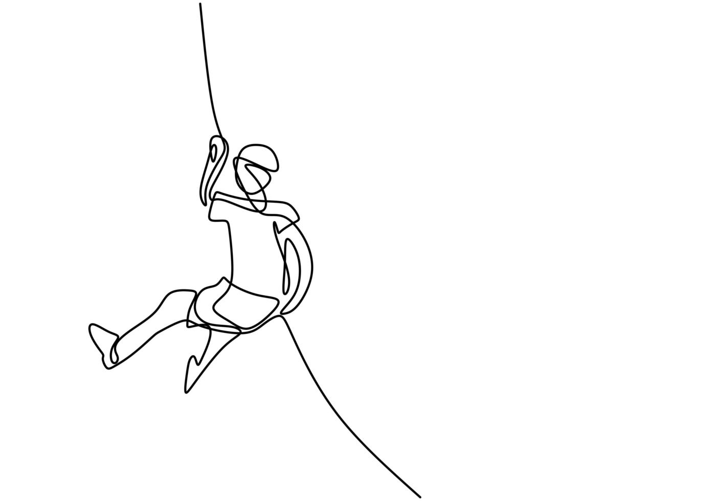 uma pessoa segurando uma corda para escalar uma parede. uma linha contínua de escalador com corda. jovem enérgico subir através da parede. escalada esporte conceito mão desenhar. ilustração de desenho vetorial vetor