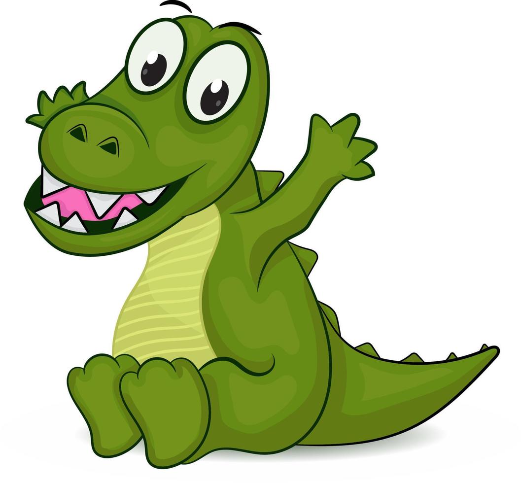 desenho animado crocodilo engraçado sentar e sorrir e mãos para cima vetor