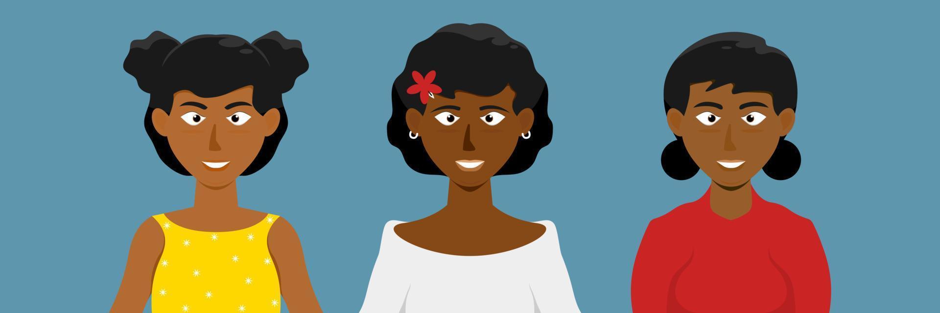 desenho animado humano negro africano ou americano, mulheres jovens sorrindo design, ilustração de marketing digital. vetor