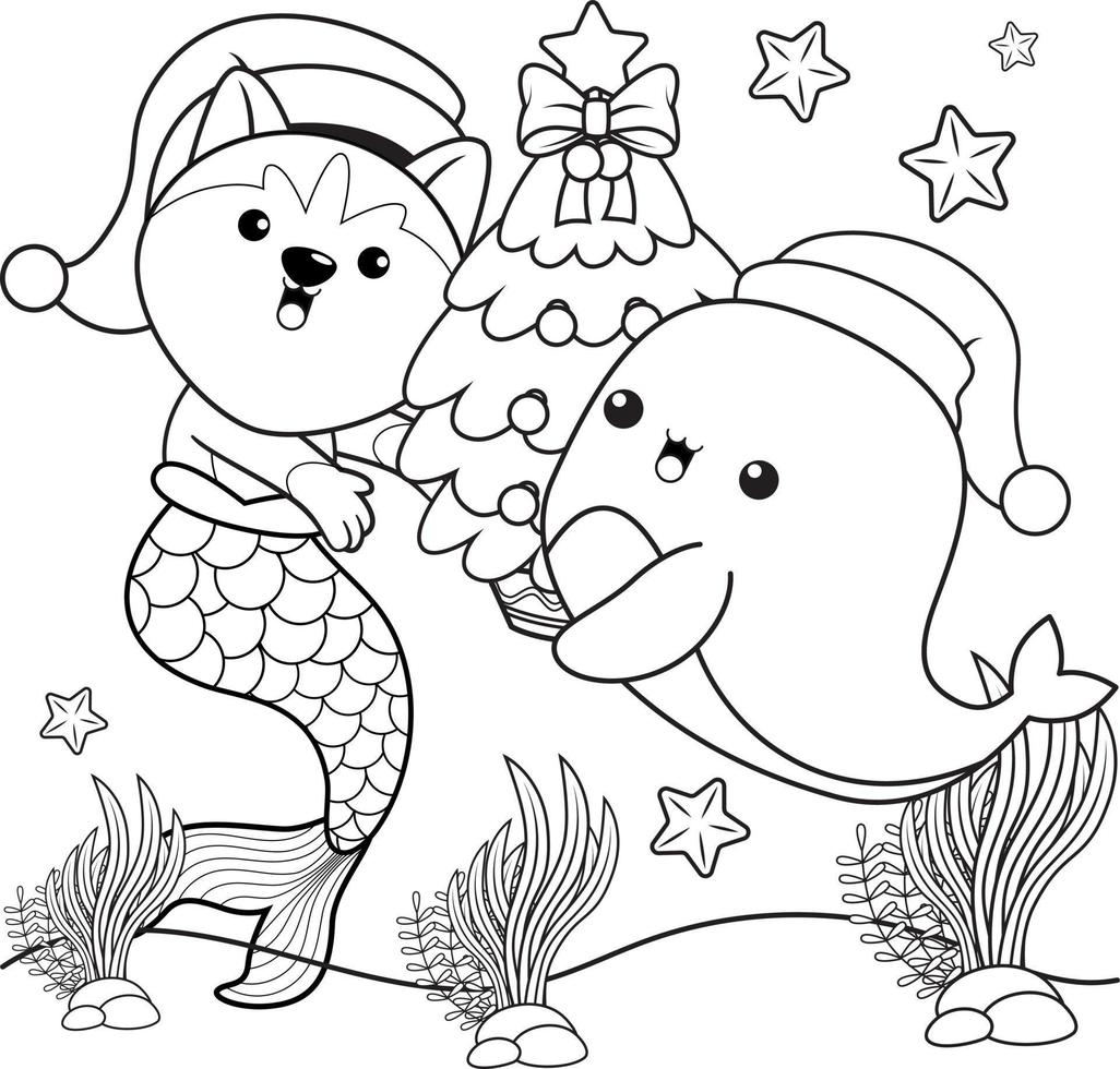 livro de colorir de natal com linda sereia husky vetor