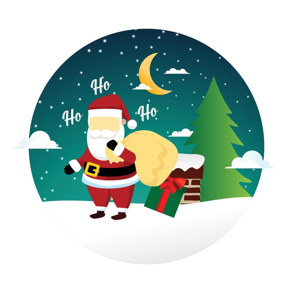paisagem de inverno natal com papai noel, presente e árvore de natal. design de cartaz festivo de natal vetor
