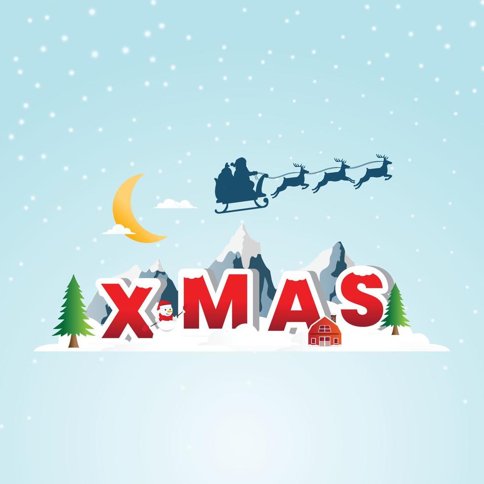 paisagem de inverno de natal com casa de vila, boneco de neve e árvore de natal. design de cartaz festivo de natal vetor