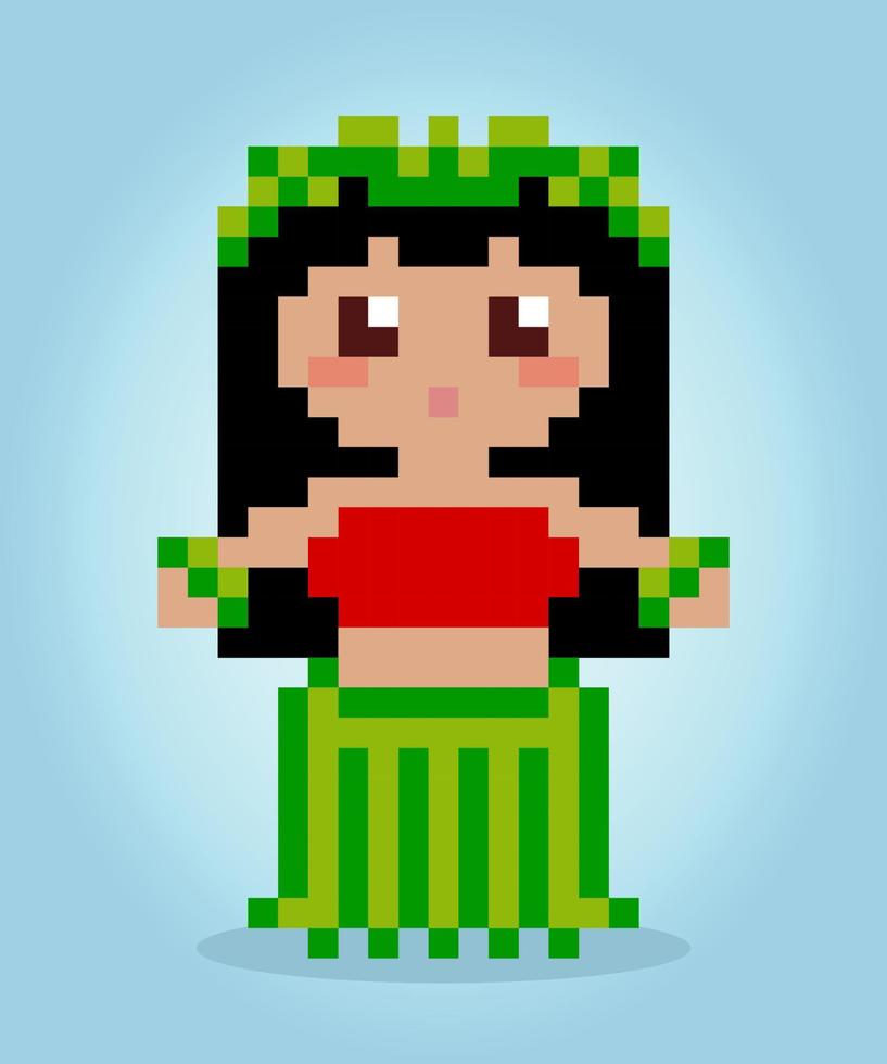 Pixels de 8 bits de dançarina de hula. tradição havaiana para ativos de jogos e padrões de ponto cruz em ilustrações vetoriais. vetor