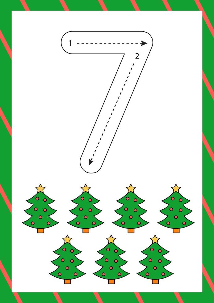 flashcard de natal como escrever o número sete. planilha para crianças. vetor