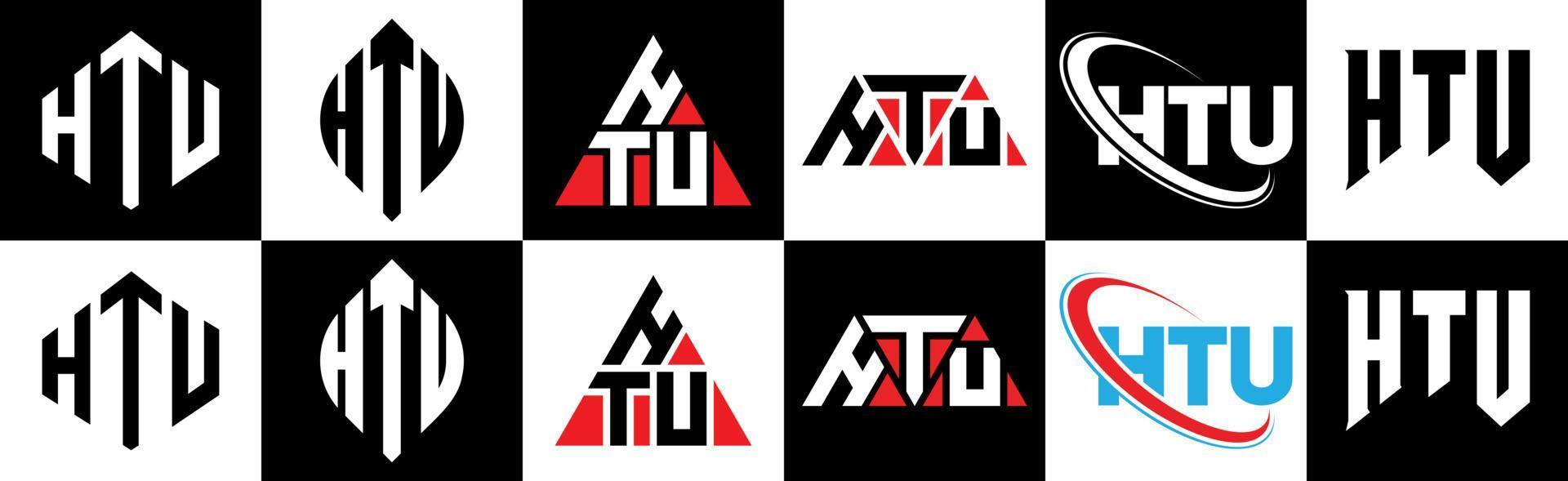 design de logotipo de letra htu em seis estilos. htu polígono, círculo, triângulo, hexágono, estilo plano e simples com logotipo de carta de variação de cor preto e branco definido em uma prancheta. logotipo minimalista e clássico htu vetor