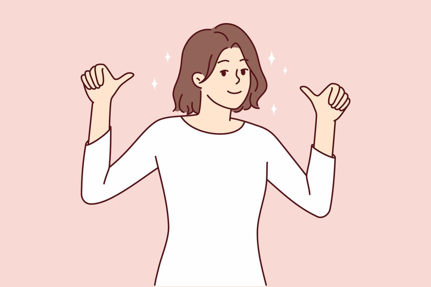 jovem feliz mostra os polegares apontando para ela. mulher sorridente sente-se confiante e bem-sucedida, recomenda a candidatura. ilustração vetorial. vetor