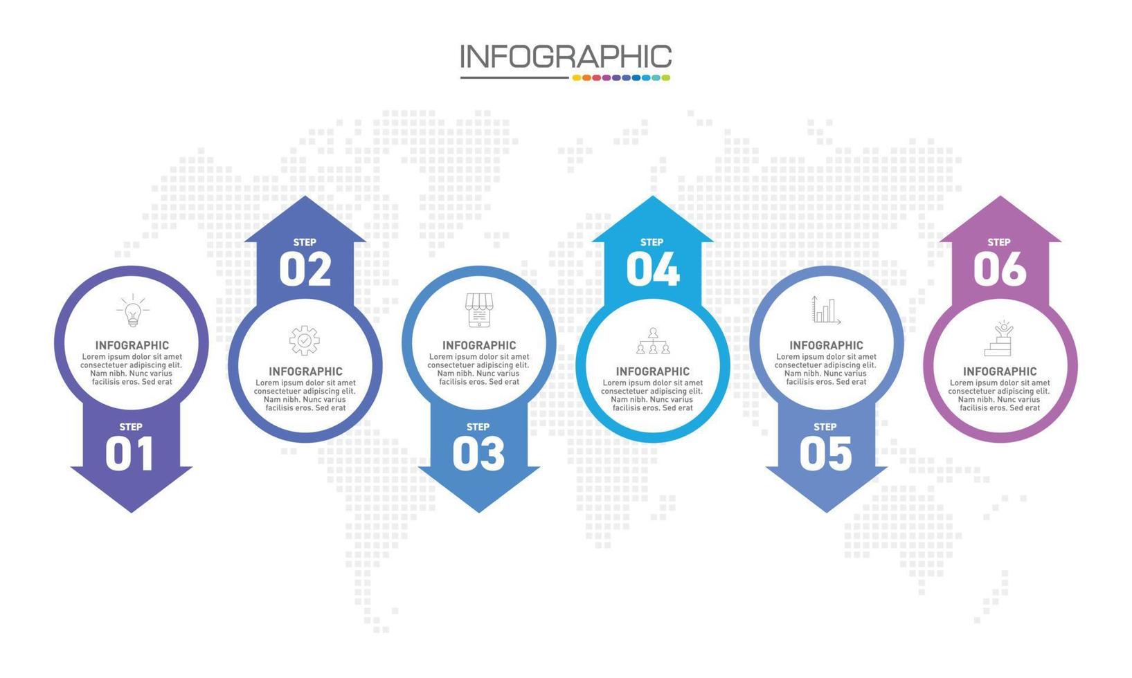 design de infográficos 6 etapas com ícones de marketing podem ser usados para layout de fluxo de trabalho, diagrama, relatório anual, web design. vetor