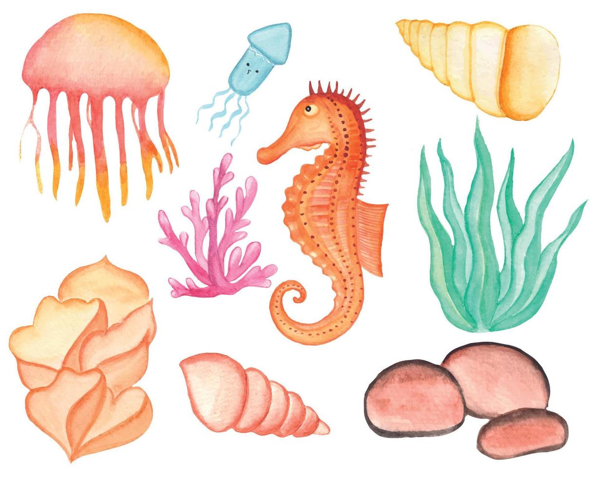 conjunto de clipart aquarela sob o mar vetor